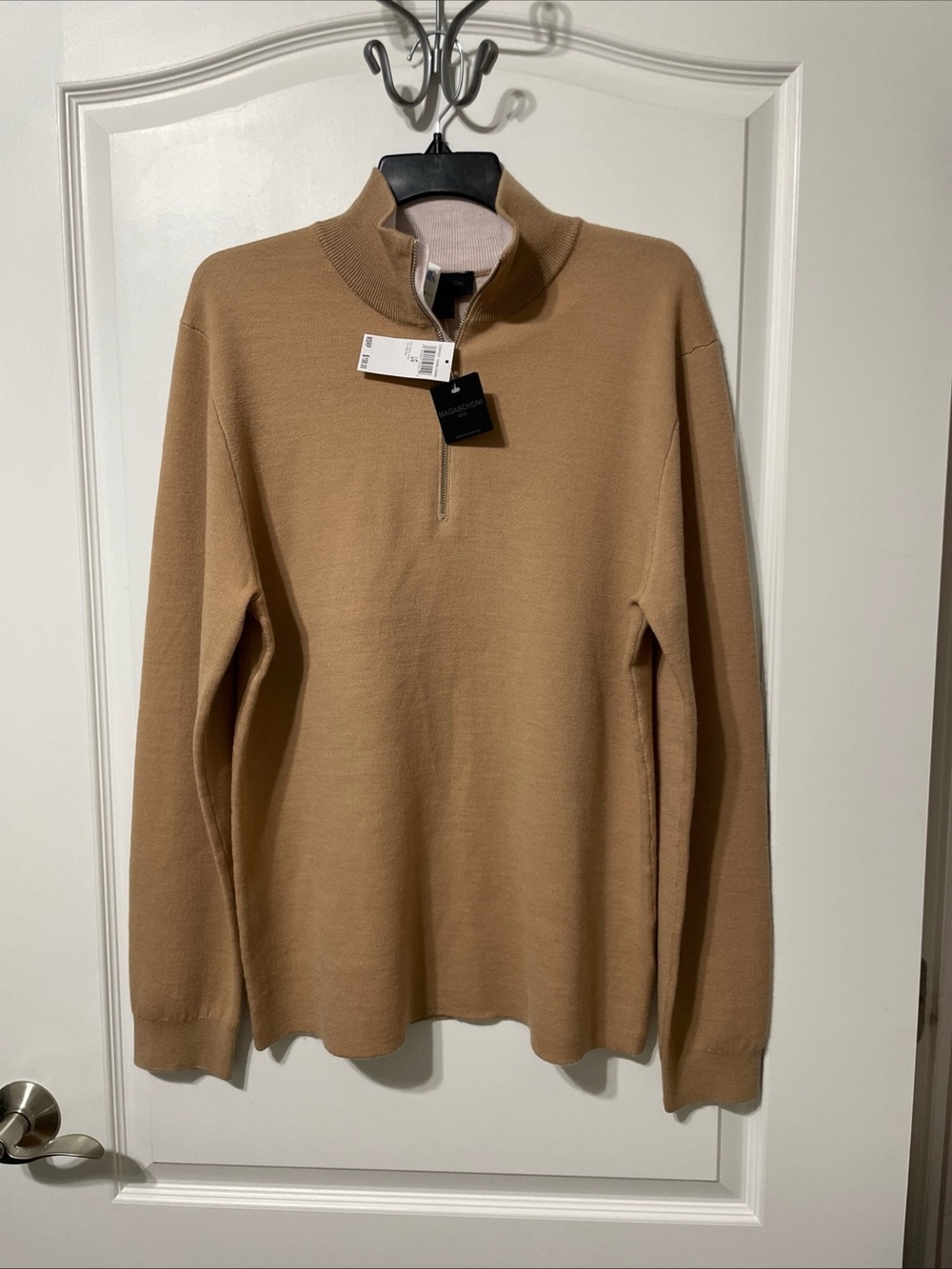 Magaschoni Men's Merino Wool 1/4 Zip Sweater Lightweight Pullover Camel L  NWT
